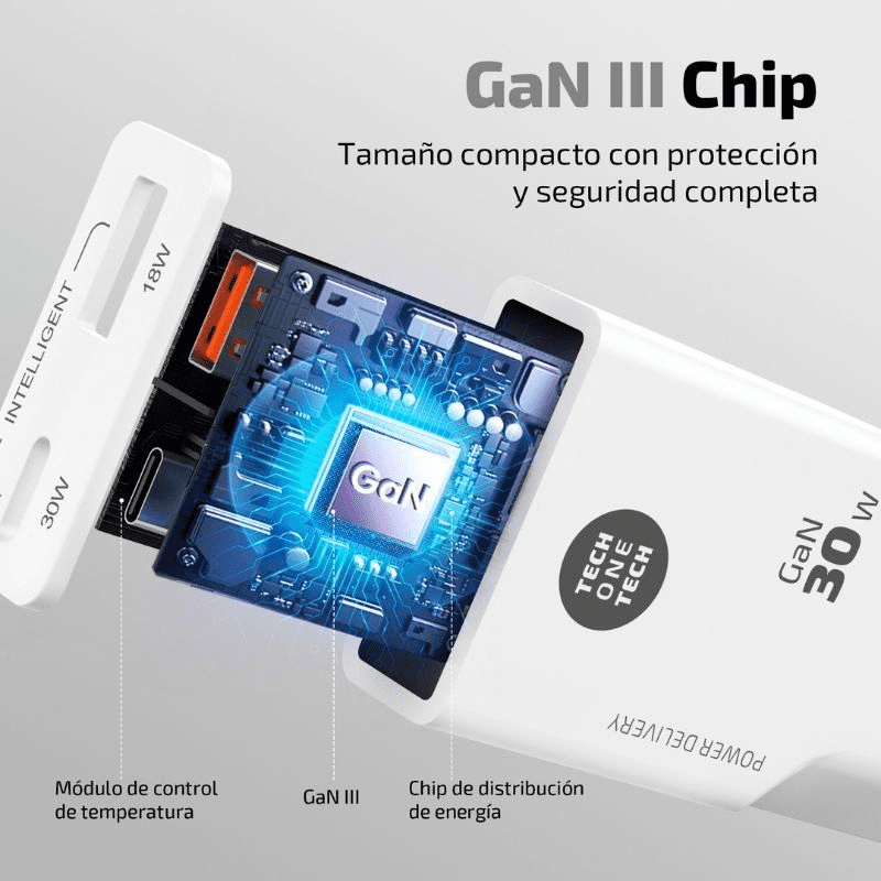 Cargador de Pared GaN Tech One Tech GaN TEC2230/ 1xUSB Tipo-C/ 1xUSB/ 30W/ Blanco - Imagen 3