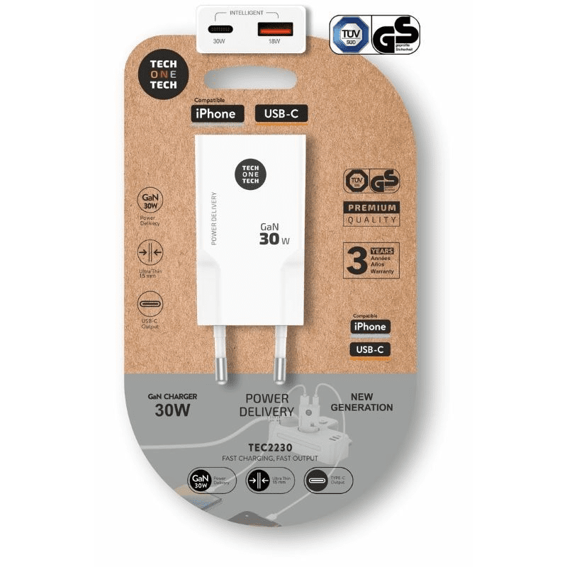 Cargador de Pared GaN Tech One Tech GaN TEC2230/ 1xUSB Tipo-C/ 1xUSB/ 30W/ Blanco 8436546594628 TEC2230 TOT-CAR TEC2230
