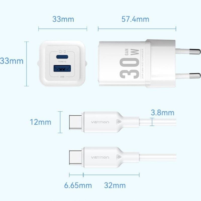 Cargador de Pared GaN Vention TZ-FEQW0-EU-01/ 1xUSB Tipo-C/ 1xUSB + Cable USB Tipo-C/ 30W - Imagen 5