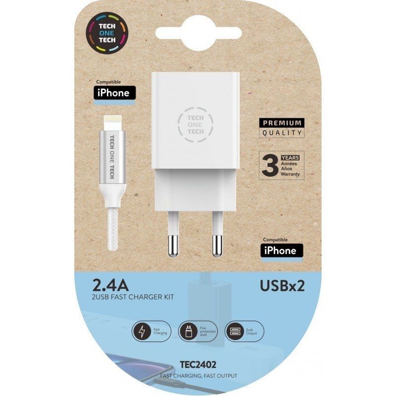 Cargador de Pared Tech One Tech TEC2402/ 2xUSB + Cable Lightning/ 12W/ Blanco 8436546592266 TEC2402 TOT-CAR TEC2402
