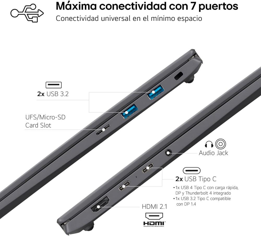 Portatil lg gram 16z90t - g intel core ultra 7 255h 32gb ssd1tb w11 16 pulgadas - Imagen 3