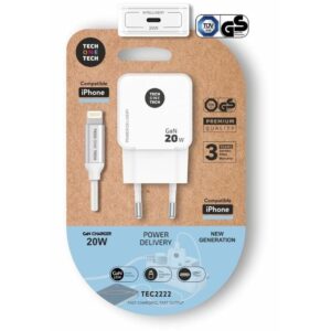 Cargador de Pared Tech One Tech TEC2222/ 1xUSB Tipo-C + Cable Lightning/ 20W/ Blanco 8436546594659 TEC2222 TOT-CAR TEC2222