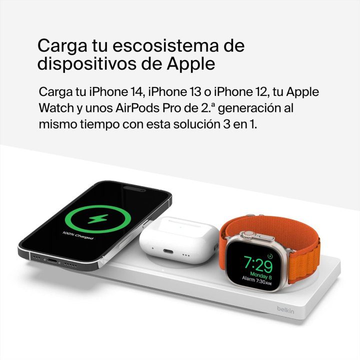 Base de carga inalambrica belkin wiz016vfwh magsafe 3 en 1 apple iphone airpods watch blanco - Imagen 2