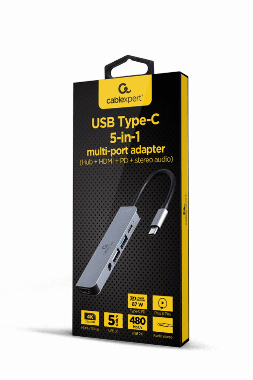 ADAPTADOR MULTIPUERTO GEMBIRD USB TIPO C 5 EN 1 HUB HDMI PD AUDIO ESTERO 8716309124256 A-CM-COMBO5-02