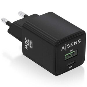 Cargador de Pared GaN Aisens ASCH-30W2P038-BK/ 1xUSB Tipo-C/ 1xUSB/ 30W 8435739901298 ASCH-30W2P038-BK AIS-CARGA ASCH-30W2P038-BK