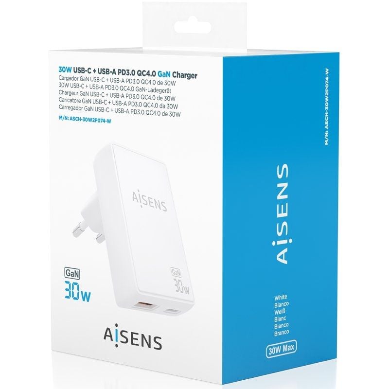 Cargador de Pared GaN Aisens ASCH-30W2P074-W/ 1xUSB Tipo-C/ 1xUSB/ 30W/ Blanco - Imagen 4