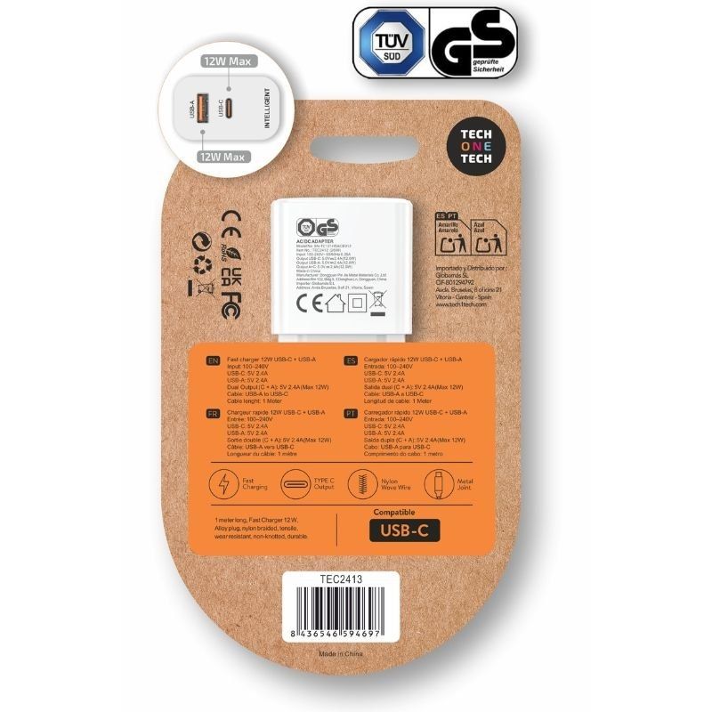 Cargador de Pared Tech One Tech TEC2413/ 1xUSB Tipo-C/ 1xUSB + Cable USB Tipo-C/ 12W/ Blanco - Imagen 2