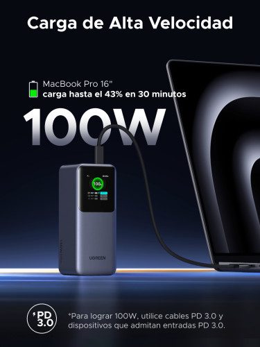 Ugreen 20000mAh 130W Fast Charging Powerbank Litio Gris - Imagen 5