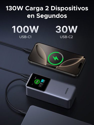 Ugreen 20000mAh 130W Fast Charging Powerbank Litio Gris - Imagen 9