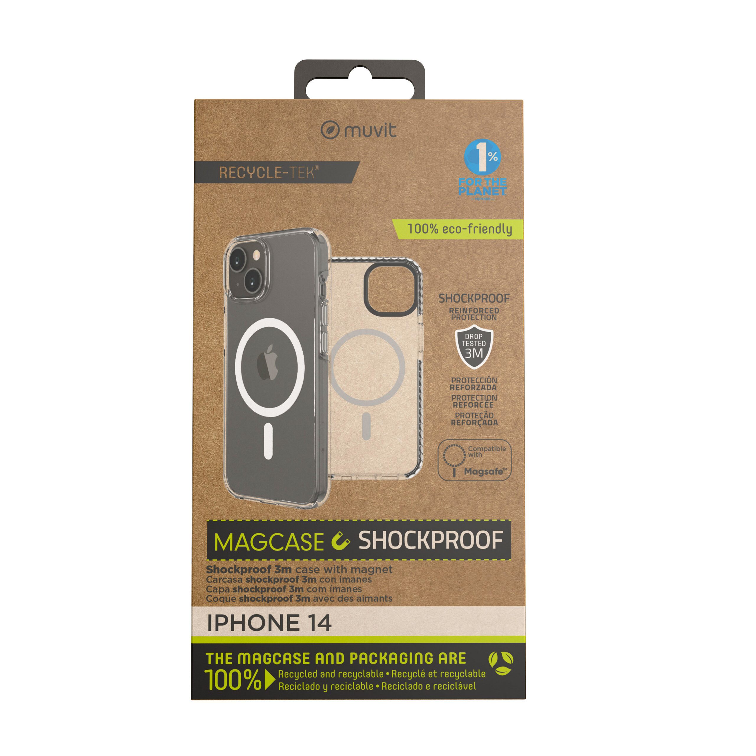 8426801168077 | P/N: MCSPS0018 | Cod. Artículo: DSP0000023449 Funda muvit recycletek magsafe shockproof 3m para apple iphone 14 transparente - negra