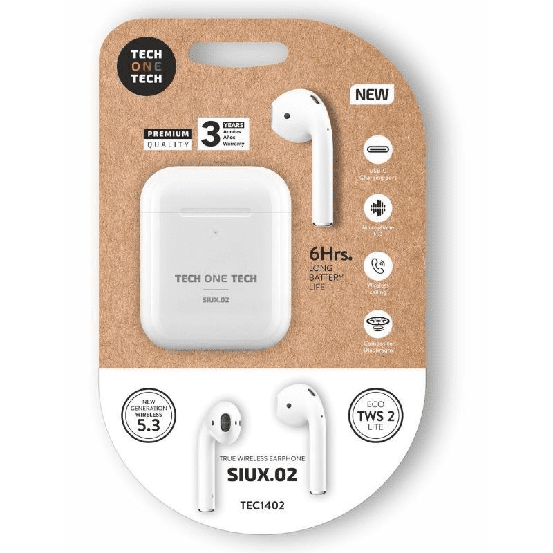 Auriculares Bluetooth Tech One Tech SIUX.2 TEC1402/ con estuche de carga/ Autonomía 6h/ Blancos 8436546594703 TEC1402 TOT-AUR TEC1402