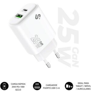 Cargador de Pared GaN Subblim 25W Charger USB C+A/ 1xUSB Tipo-C/ 1xUSB/ 25W 8436586743468 SUBCHG-6G2510 SUB-CARGA SUBCHG-6G2510