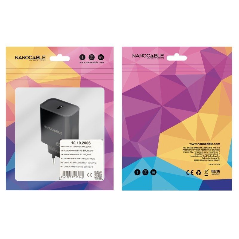 Cargador de Pared Nanocable 10.10.2006/ 1xUSB Tipo-C/ 20W/ Negro - Imagen 2