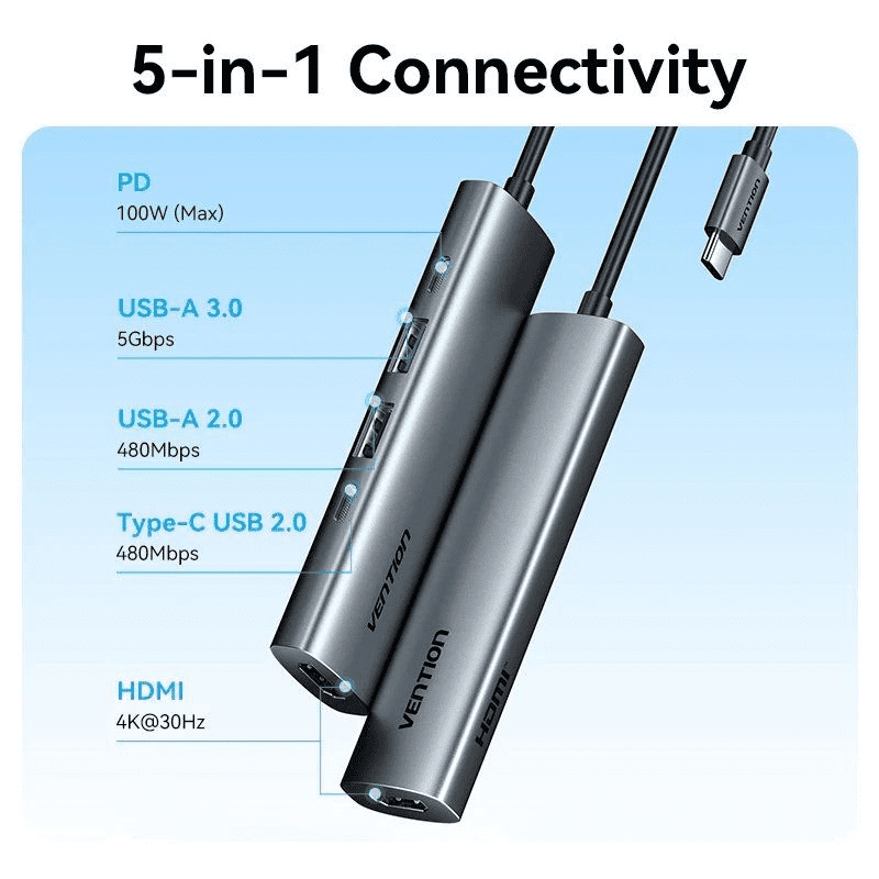 Docking USB Tipo-C Vention TGLHB/ 1xUSB Tipo-C/ 2xUSB/ 1xHDMI 4K/ 1xUSB Tipo-C PD/ Gris - Imagen 2