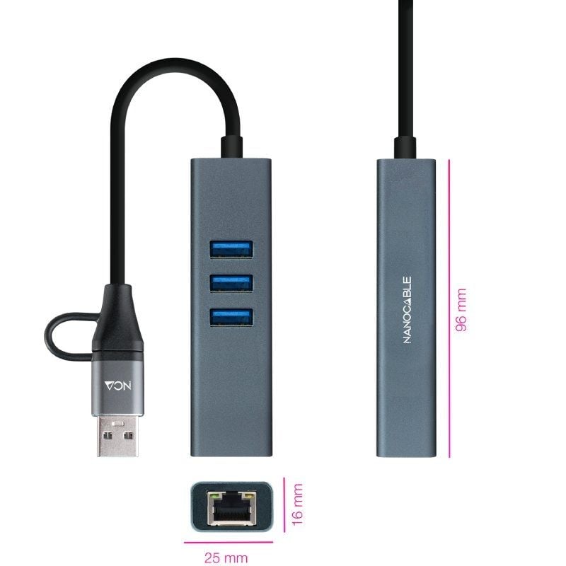 Hub USB + USB Tipo-C 3.0 Nanocable 10.03.0412/ 3xUSB/ 1xRJ45/ Gris - Imagen 3
