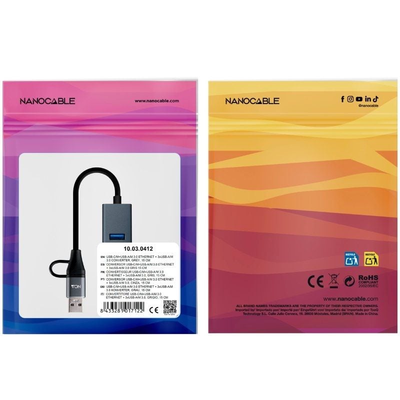 Hub USB + USB Tipo-C 3.0 Nanocable 10.03.0412/ 3xUSB/ 1xRJ45/ Gris - Imagen 4