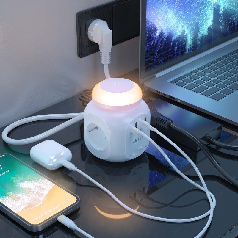Regleta con Interruptor y Luz Nocturna Aisens ASPS-3A1CL01-W/ 4 Tomas de Corriente/ 1 USB Tipo-C/ 3 USB/ Cable 1.8m/ Blanco - Imagen 5