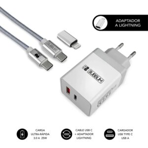 SUBBLIM CARGADOR ULTRA RAPIDO 2xUSB DE PARED PD25W+QC3.0+Cable C to C y lightning Blanco 8436586742089 | P/N: SUBCHG-3WPD10 | Ref. Artículo: 1357447
