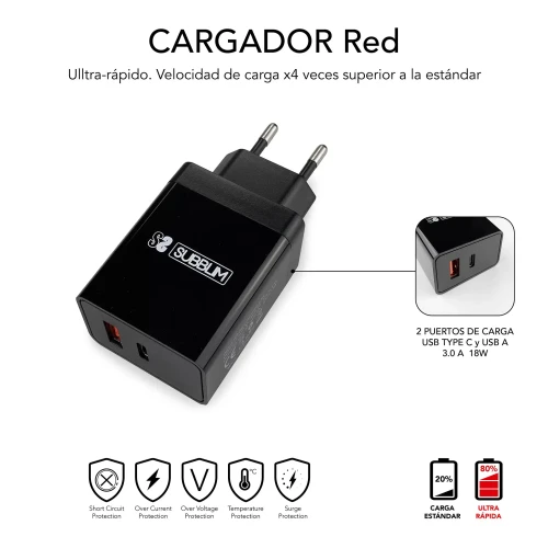 SUBBLIM CARGADOR ULTRA RAPIDO 2xUSB DE PARED PD25W+QC3.0+Cable C to C y lightning Negro - Imagen 3