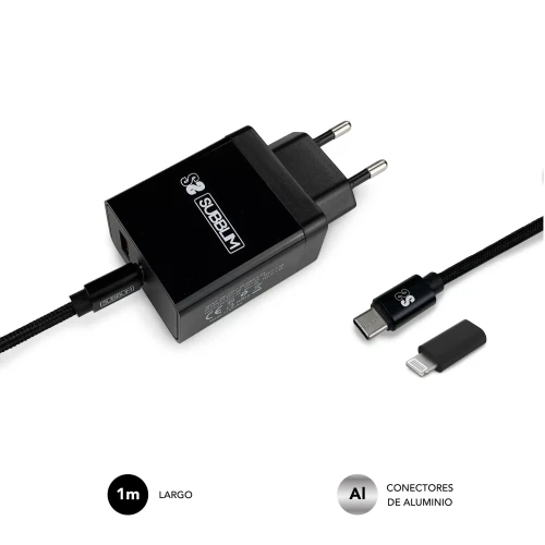 SUBBLIM CARGADOR ULTRA RAPIDO 2xUSB DE PARED PD25W+QC3.0+Cable C to C y lightning Negro - Imagen 4