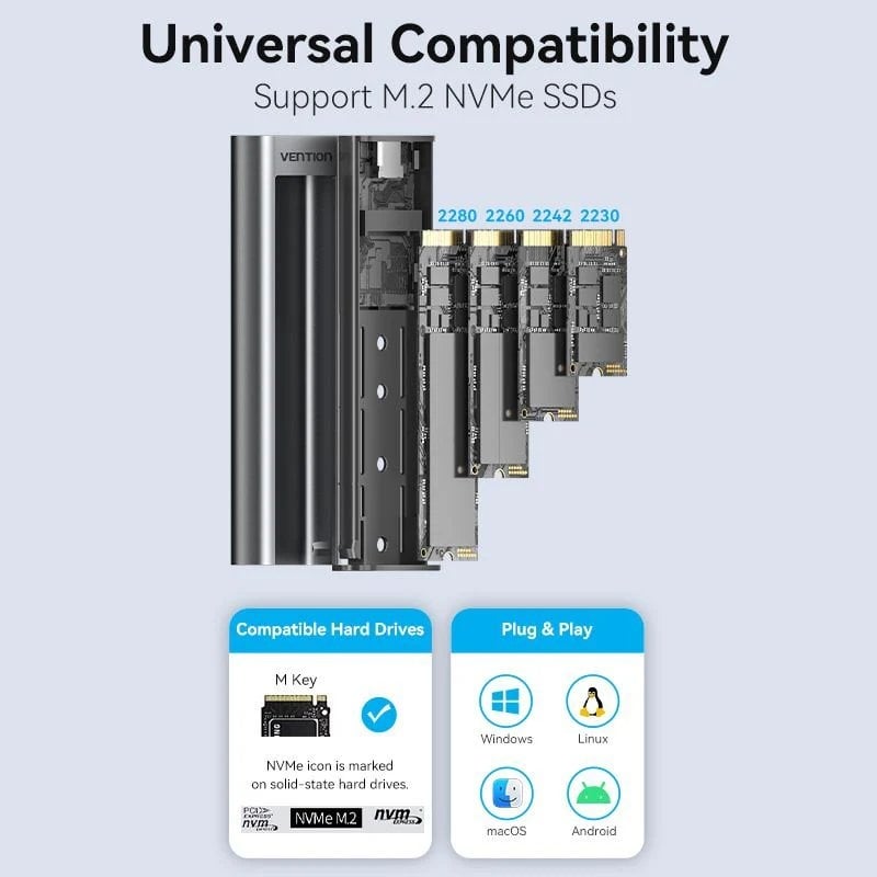 Caja Externa para Disco SSD M.2 NVMe Vention KPKH0/ USB Tipo-C 3.1/ Sin tornillos - Imagen 5