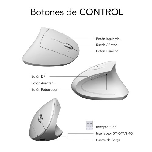 SUBBLIM Ratón GLIDE VERTICAL ERGO DUAL MOUSE BATTERY WHITE - Imagen 7