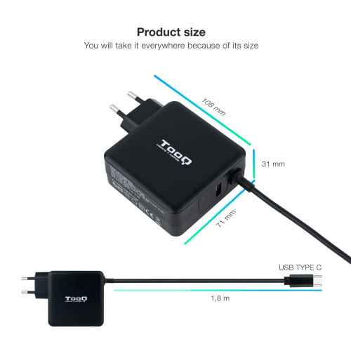 TOOQ CARGADOR PORTÁTIL USB-C PD3.0 65W