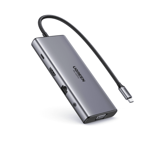 Ugreen 11-in-1 USB-C Hub to 3x USB-C/2x USB-A/HDMI/VGA/RJ45/SD/TF/3.5mm - Gray Acoplamiento Base Gris - Imagen 2