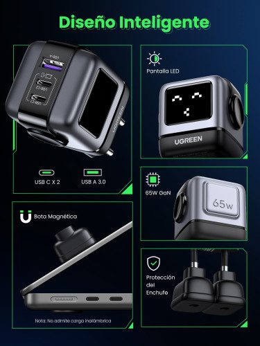 Ugreen Nexode RG 65W 3-Port GaN Ordenador portátil, Teléfono móvil, Portátil, Batería portátil, Teléfono Gris Corriente alterna Carga rápida Interior - Imagen 11