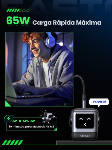 Ugreen Nexode RG 65W 3-Port GaN Ordenador portátil, Teléfono móvil, Portátil, Batería portátil, Teléfono Gris Corriente alterna Carga rápida Interior - Imagen 7