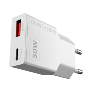 8435693113980 | P/N: MDGAN30W | Cod. Artículo: DSP0000039936 Cargador de pared mars gaming md - gan30w 30w 1x usb tipo c 1 x usb tipo a blanco