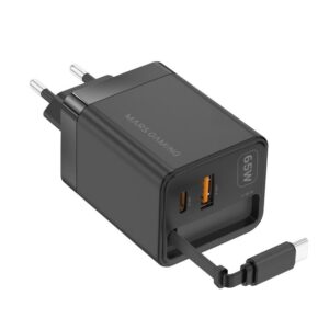 8435693114000 | P/N: MDGAN65R | Cod. Artículo: DSP0000039933 Cargador de pared mars gaming md - gan65r 65w 1x usb tipo c 1 x usb tipo a cable retractil usb tipo c negro