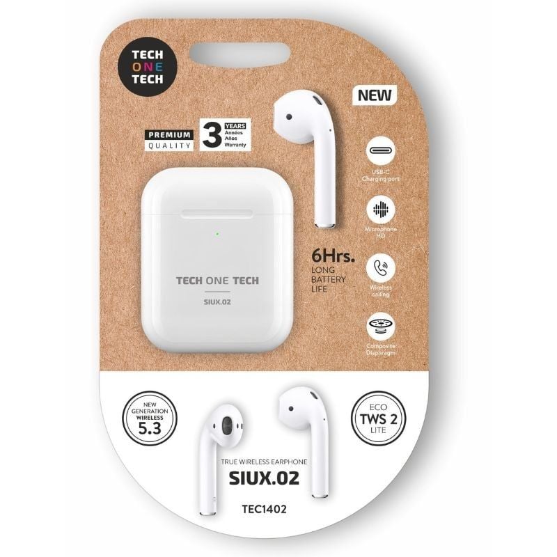 Auriculares Bluetooth Tech One Tech SIUX.02 TEC1402/ con estuche de carga/ Autonomía 6h/ Blancos 8436546594703 TEC1402 TOT-AUR TEC1402