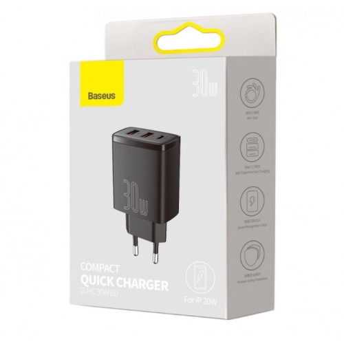 BASEUS COMPACT QUICK CHARGER 2U+C 30W EU BLACK - Imagen 5
