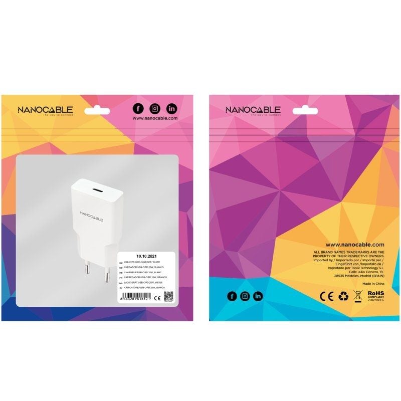 Cargador de Pared Nanocable 10.10.2021/ 1xUSB Tipo-C/ 20W/ Blanco - Imagen 3