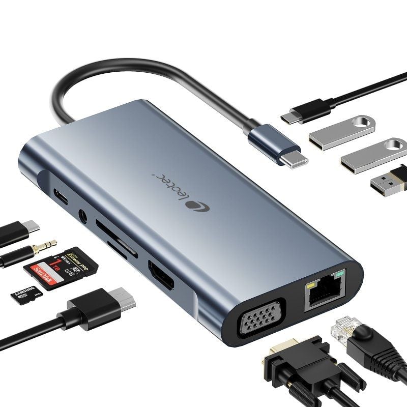 Docking USB Tipo-C Leotec LEDS01/ 3xUSB/ 2xUSB Tipo-C/ 1xUSB Tipo-C PD/ 1xHDMI 4K/ 1xVGA/ 1xRJ45/ 1xAudio/ 1xLector Tarjetas SD y MicroSD/ Gris - Imagen 5