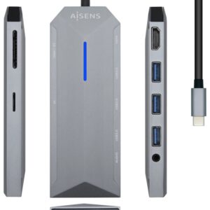 HUB AISENS 9 EN 1 USB-C DOCK HDMI RJ45 3xUSB PD AUDIO SD MICRO SD GRIS 15CM 8436574706260 ASUC-9P001-GR