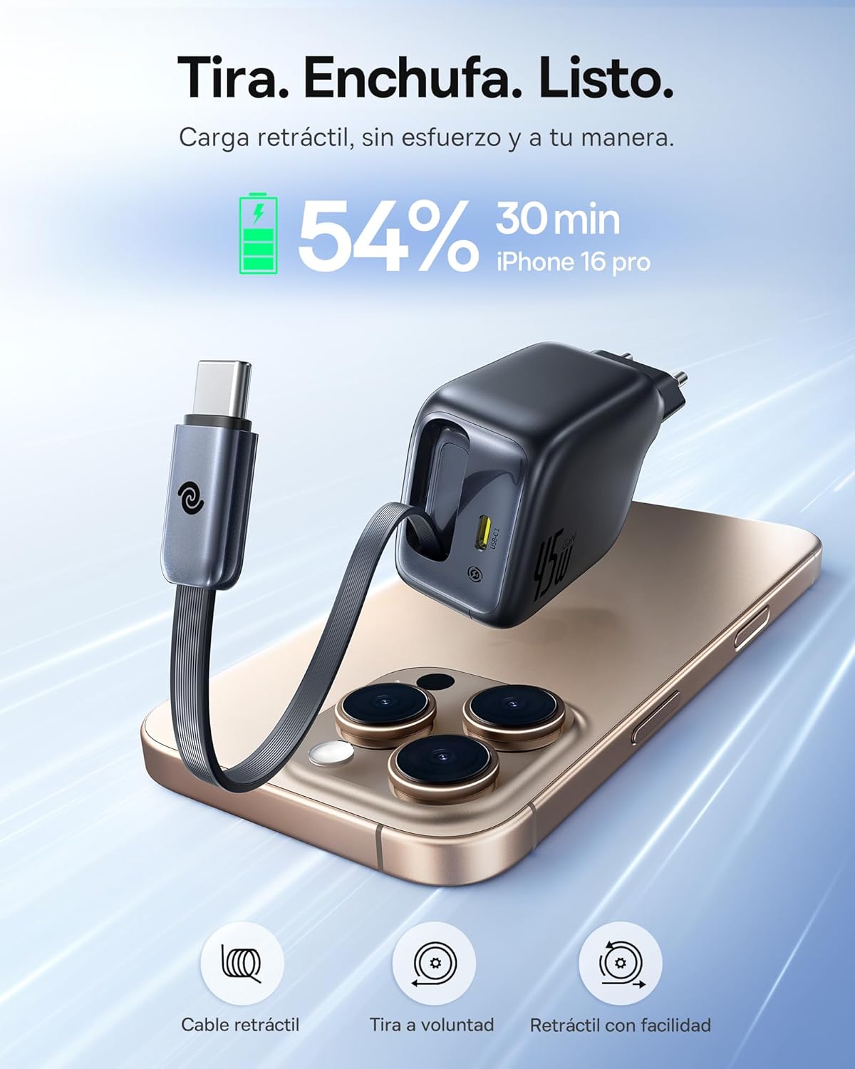 OS-BASEUS ENERCORE CJ11 FAST CHARGER WITH RETRACTABLE CABLE 2C 45W EU COSMIC BLACK - Imagen 3