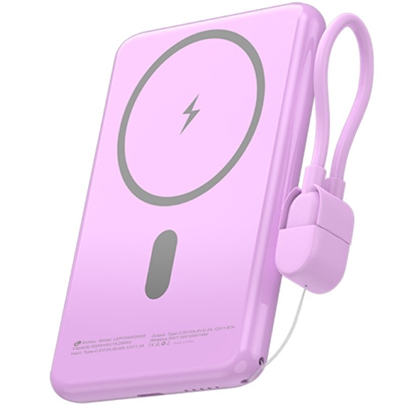 Powerbank 5000mAh Leotec LEPOWW20W5P/ 20W/ Wireless/ Púrpura/ Incluye Cable USB Tipo-C - Imagen 3