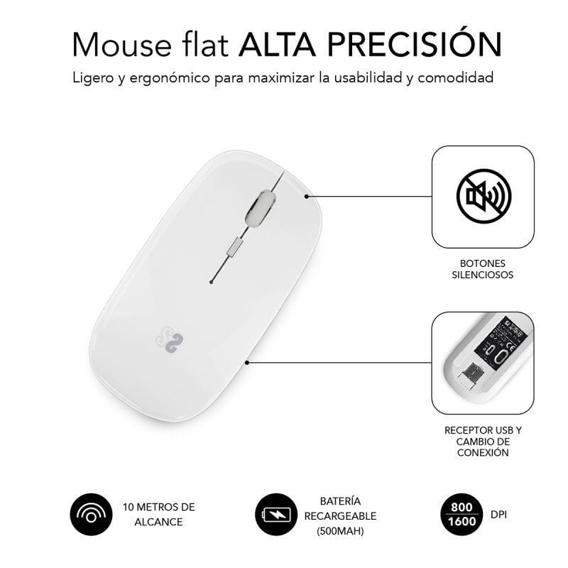Ratón Inalámbrico Subblim Dual Flat/ Batería recargable/ Hasta 1600 DPI/ Blanco - Imagen 2