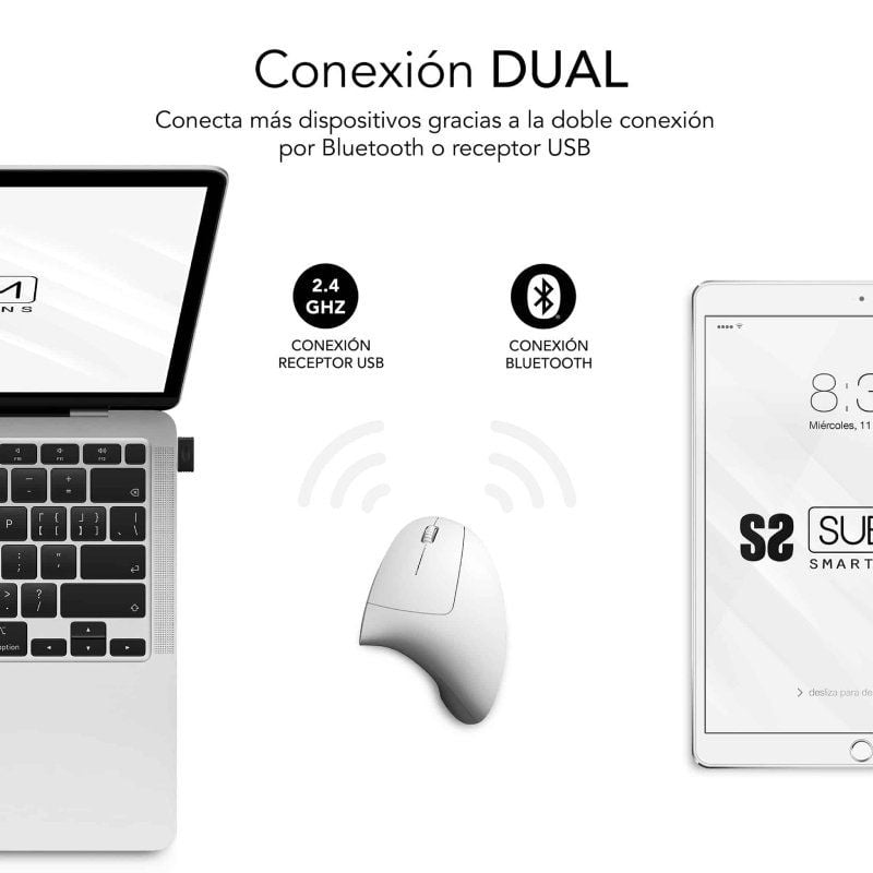 Ratón Vertical Inalámbrico Subblim Glide Vertical Ergo Dual Battery/ Batería Recargable/ Hasta 1600 DPI/ Blanco - Imagen 2