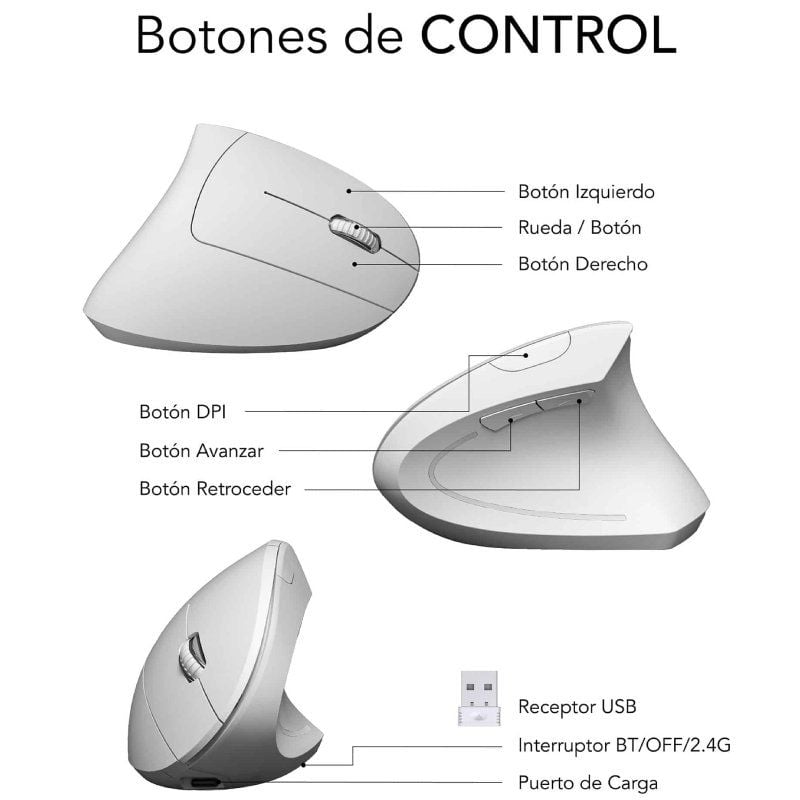 Ratón Vertical Inalámbrico Subblim Glide Vertical Ergo Dual Battery/ Batería Recargable/ Hasta 1600 DPI/ Blanco - Imagen 4