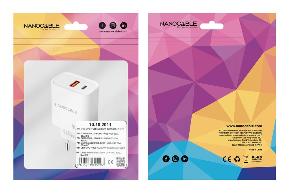 Cargador nanocable usb - c - pd + usb - a - qc 30w blanco - Imagen 3