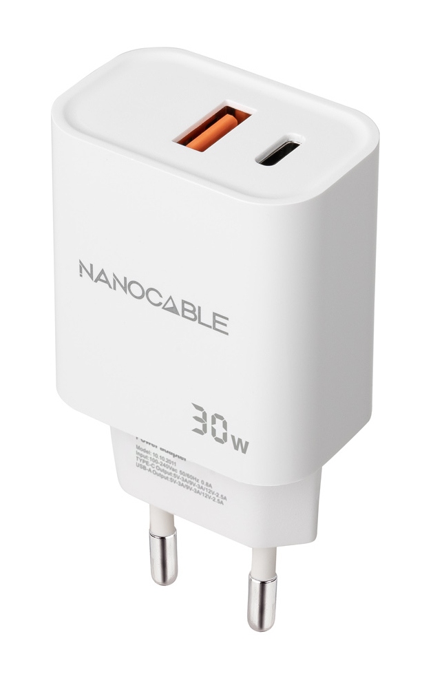 8433281015197 | P/N: 10.10.2011 | Cod. Artículo: MGS0000030061 Cargador nanocable usb - c - pd + usb - a - qc 30w blanco