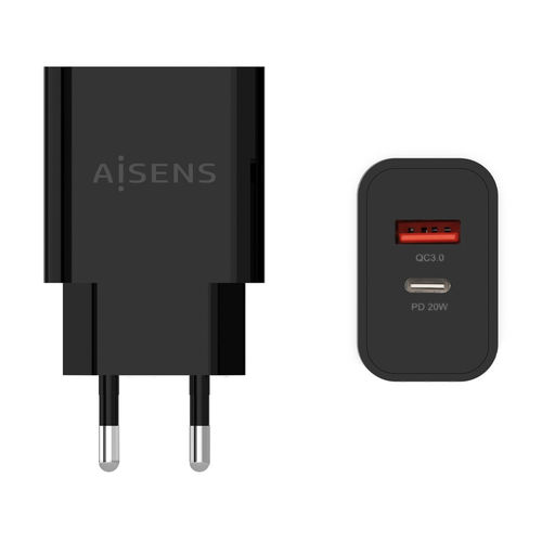 CARGADOR USB PARED AISENS 2PTO USB-C - QC3.0 NEGRO 8436574708103 P/N: A110-0682 | Ref. Artículo: A110-0682