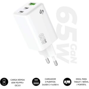 Cargador de Pared GaN Subblim 65W Charger USB C+C+A/ 2xUSB Tipo-C/ 1xUSB/ 65W 8436586743505 SUBCHG-6G6530 SUB-CARGA SUBCHG-6G6530