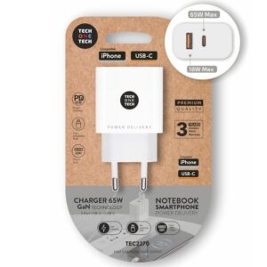 Cargador de Pared GaN Tech One Tech GaN TEC2270/ 1xUSB Tipo-C/ 1xUSB/ 65W/ Blanco 8436546594444 TEC2270 TOT-CAR TEC2270