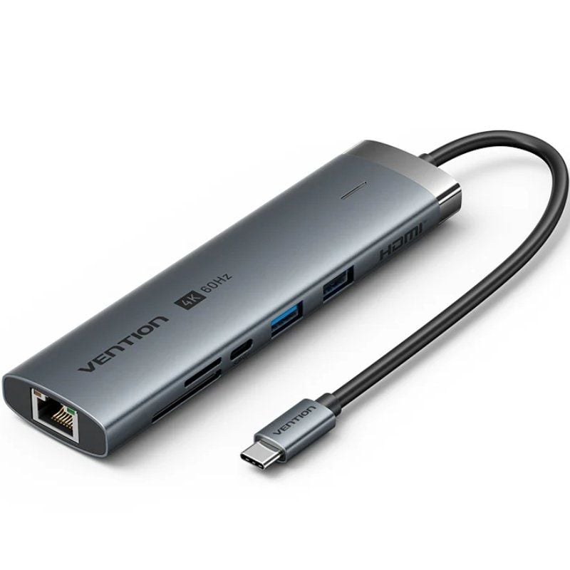 Hub USB Tipo-C 3.2 Vention TGVHB/ 2xUSB/ 1xUSB Tipo-C PD/ 1xUSB Tipo-C/ 1xRJ45/ 1xLector de Tarjetas/ 1xJack 3.5mm/ 1xHDMI/ Gris 6922794788831 TGVHB VEN-HUB TGVHB