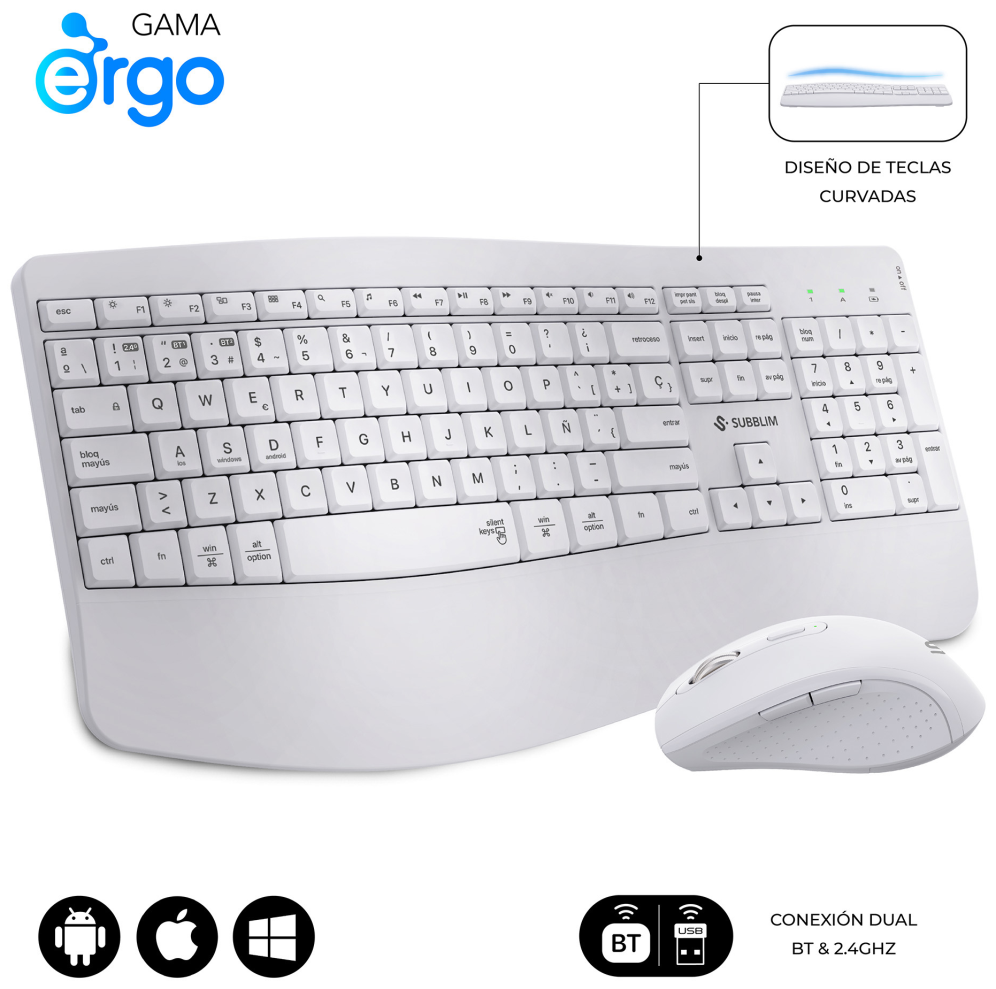 COMBO TECLADO RATON SUBBLIM PROWAVE ERGO INALAMBRICO BLANCO 8436586743437 SUBKBC-DCOPW1