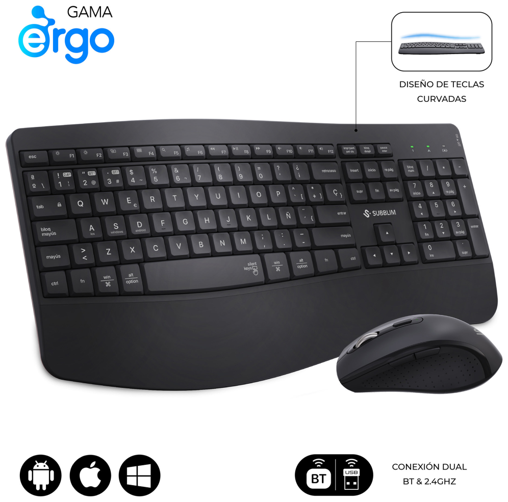 COMBO TECLADO RATON SUBBLIM PROWAVE ERGO INALAMBRICO NEGRO 8436586743444 SUBKBC-DCOPW2